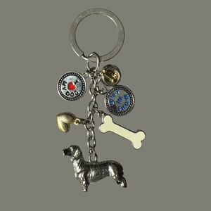 Dog Lover Silver Tone Dachshund Keychain with Cream Bone and Gold Tone Accents